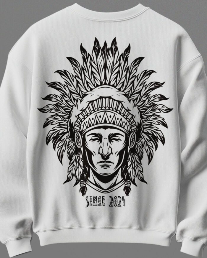 White unisex cotton sweatshirt with tribal warrior back print and nomad front print 300 gsm streetwear style