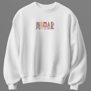White unisex cotton sweatshirt with tribal warrior back print and nomad front print 300 gsm streetwear style
