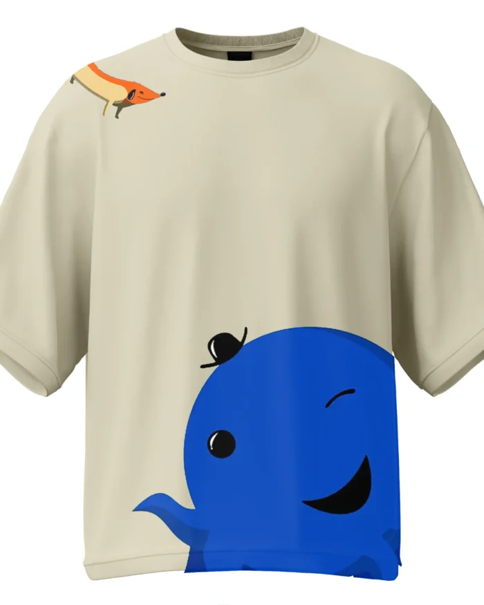 Off-white oversized unisex T-shirt with Oswald and Weenie cartoon graphic - KLOCH