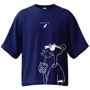 Royal Blue Unisex Oversized Tee with Error 404 text and sipping panther graphic - KLOCH