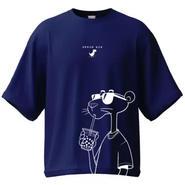 Royal Blue Unisex Oversized Tee with Error 404 text and sipping panther graphic - KLOCH
