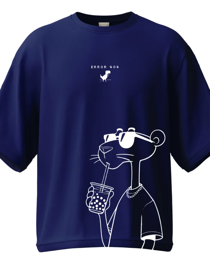 Royal Blue Unisex Oversized Tee with Error 404 text and sipping panther graphic - KLOCH