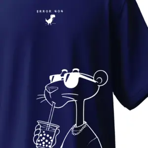 Royal Blue Unisex Oversized Tee with Error 404 text and sipping panther graphic - KLOCH