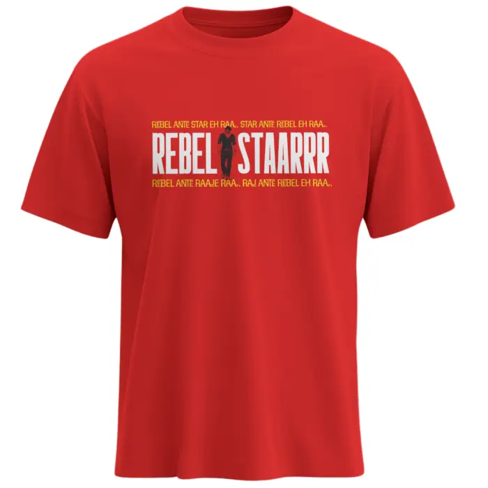 Prabhas T-Shirt: Rebel Star Tribute T-Shirt in red featuring "Rebal Staaarrr" Prabhas fan design – Unisex Regular Fit Cotton Tee by KLOCH.
