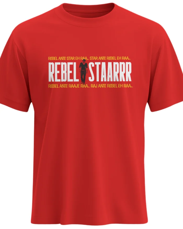 Prabhas T-Shirt: Rebel Star Tribute T-Shirt in red featuring "Rebal Staaarrr" Prabhas fan design – Unisex Regular Fit Cotton Tee by KLOCH.