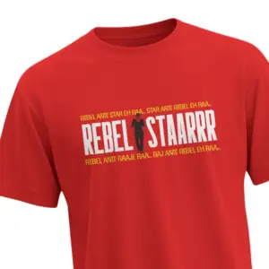Prabhas T-Shirt: Rebel Star Tribute T-Shirt in red featuring "Rebal Staaarrr" Prabhas fan design – Unisex Regular Fit Cotton Tee by KLOCH.