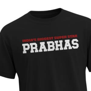 Black Rebel Star Prabhas Tribute T-Shirt with front “India’s Biggest Superstar” text and back “Rebel Won’t Anthey” graphic – Unisex Regular Fit Cotton Tee by KLOCH.
