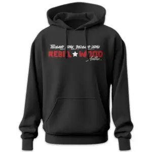 Black unisex hoodie with rebelwood quote inspired by rebel star prabhas fans 300 gsm cotton streetwear
