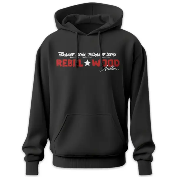 Black unisex hoodie with rebelwood quote inspired by rebel star prabhas fans 300 gsm cotton streetwear