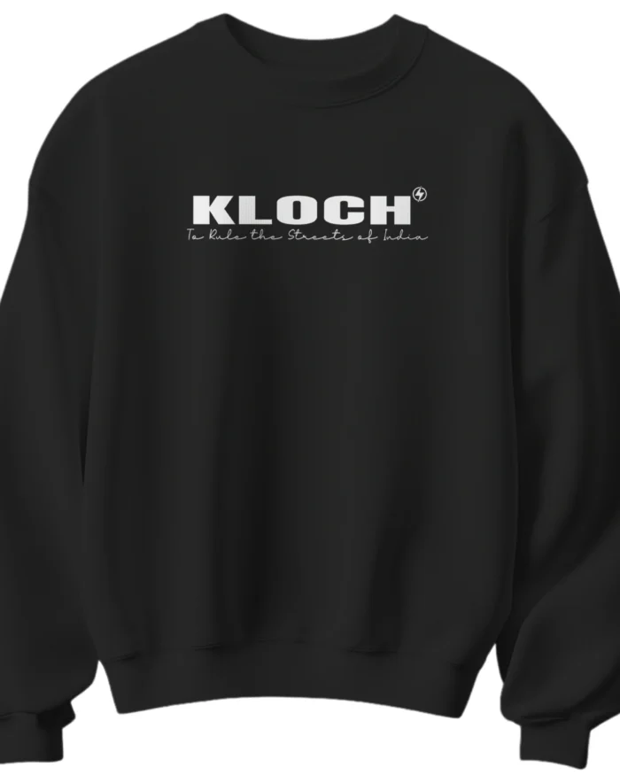 Black unisex cotton sweatshirt with KLOCH logo and rule the streets of india text 300 gsm streetwear style