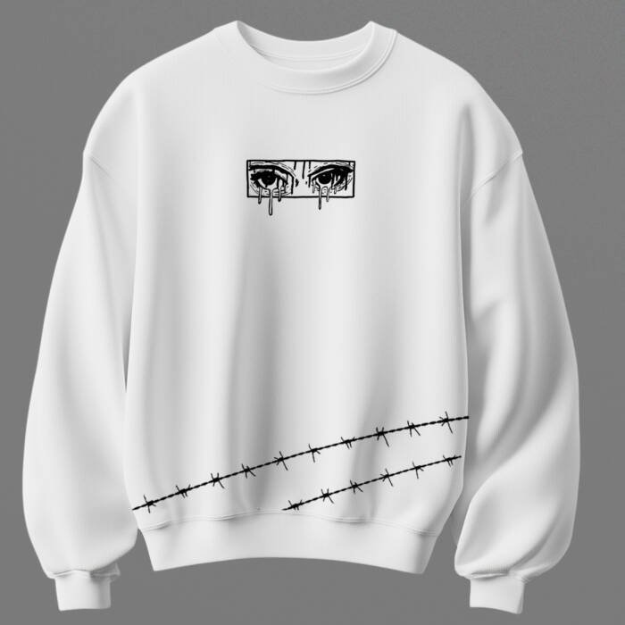 White unisex cotton sweatshirt with eye graphic and barbed wire print 300 gsm streetwear style