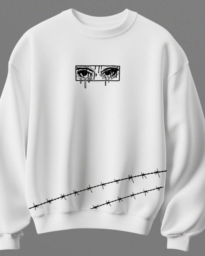 White unisex cotton sweatshirt with eye graphic and barbed wire print 300 gsm streetwear style