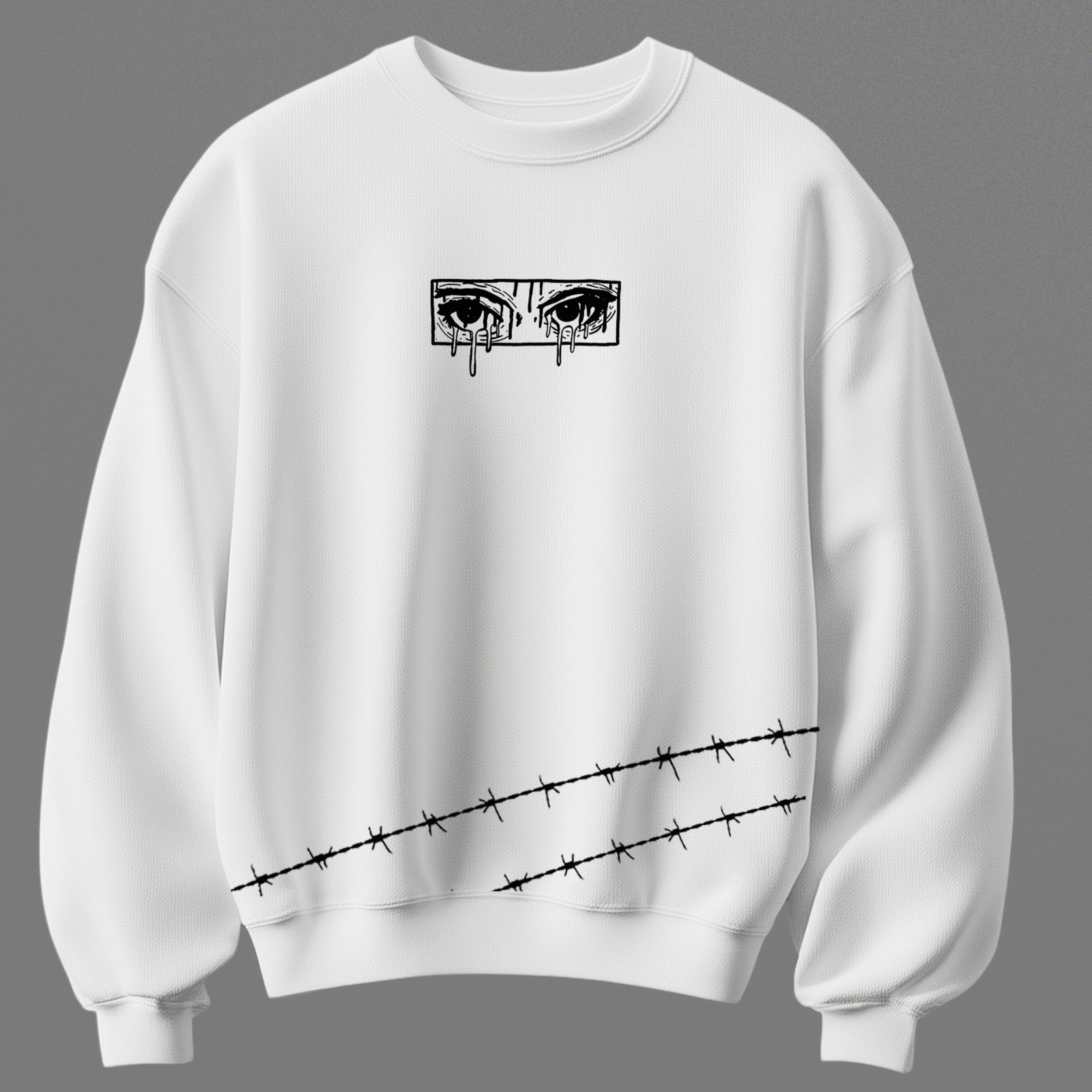 White unisex cotton sweatshirt with eye graphic and barbed wire print 300 gsm streetwear style
