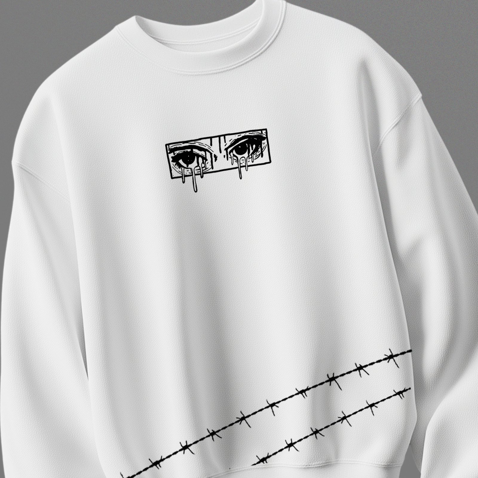 White unisex cotton sweatshirt with eye graphic and barbed wire print 300 gsm streetwear style