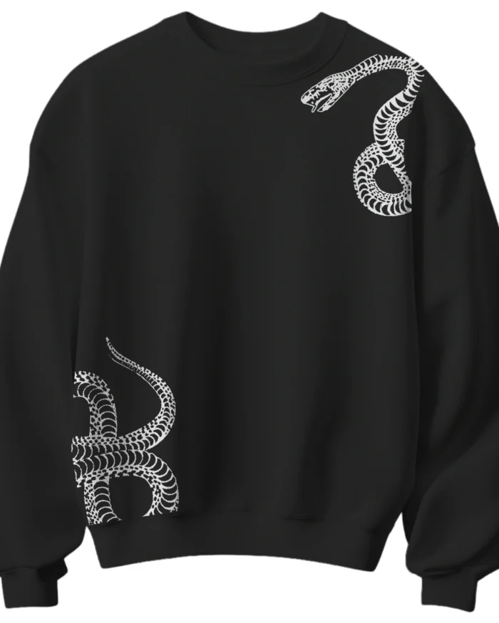 Black unisex cotton sweatshirt with white snake graphic print 300 gsm streetwear style