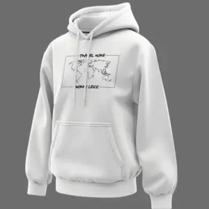 White unisex hoodie with a minimalist world map graphic and the quote ‘Travel More, Worry Less’ printed on the chest.