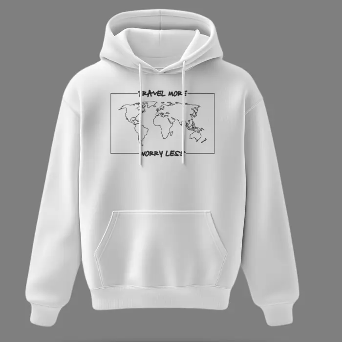 White unisex hoodie with a minimalist world map graphic and the quote ‘Travel More, Worry Less’ printed on the chest.