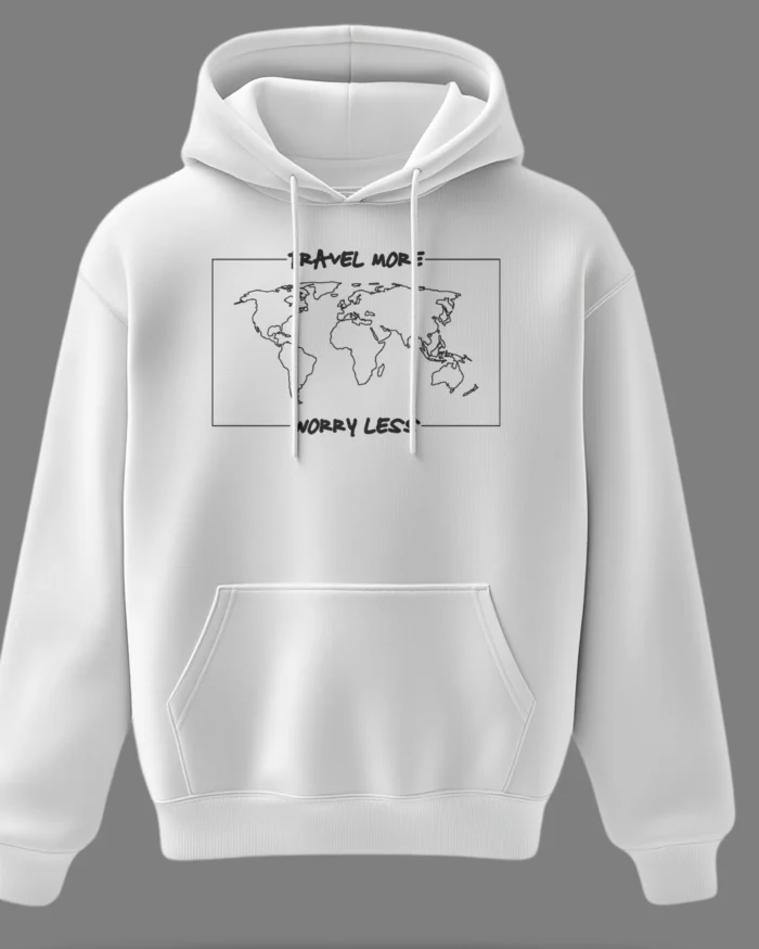White unisex hoodie with a minimalist world map graphic and the quote ‘Travel More, Worry Less’ printed on the chest.