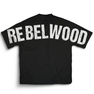 Black Rebelwood Oversized T-Shirt with bold back print inspired by Rebel Star Prabhas – Unisex Street Fit Cotton Tee by KLOCH.