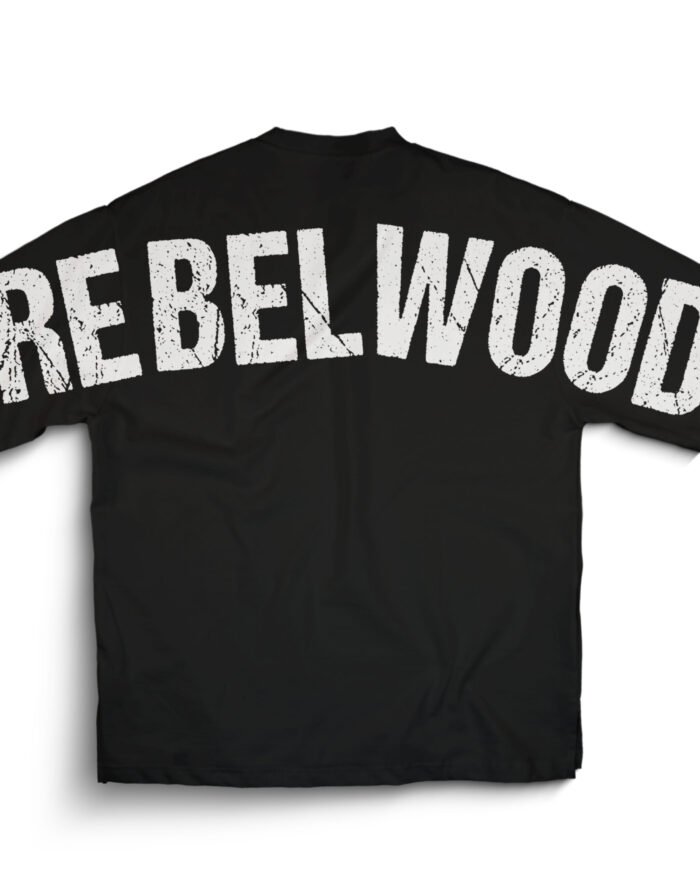 Black Rebelwood Oversized T-Shirt with bold back print inspired by Rebel Star Prabhas – Unisex Street Fit Cotton Tee by KLOCH.