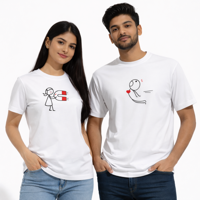 White couple t shirts with magnetic love graphic design made from 180 GSM cotton by Kloch for valentine's Day