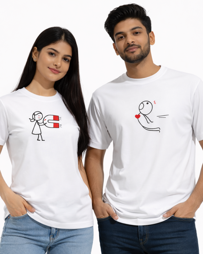 White couple t shirts with magnetic love graphic design made from 180 GSM cotton by Kloch for valentine's Day
