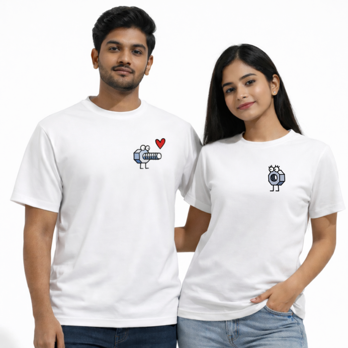 White couple t shirts with cute nut and bolt love graphic made from 180 GSM cotton by Kloch