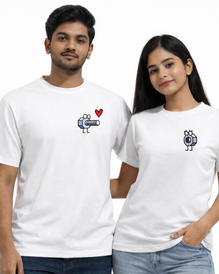 White couple t shirts with cute nut and bolt love graphic made from 180 GSM cotton by Kloch