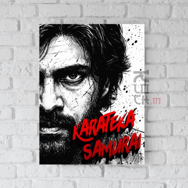 Pawan Kalyan Karateka Samurai A3 wall poster featuring intense black and white fan art with red typography printed on 300 GSM art board
