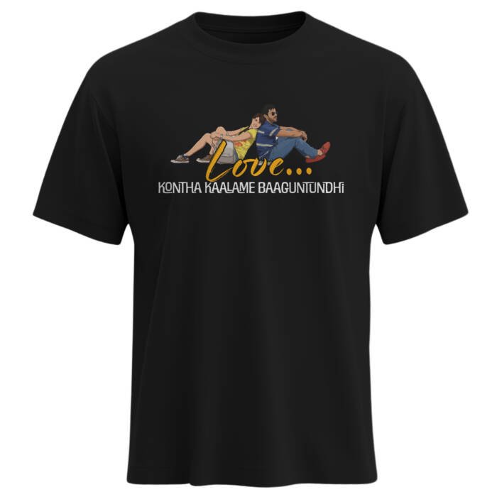 Black regular fit cotton t shirt with Love Kontha Kaalame Baaguntundhi Telugu dialogue typography. Orange Movie T-Shirt. Ram Charan T-Shirt.