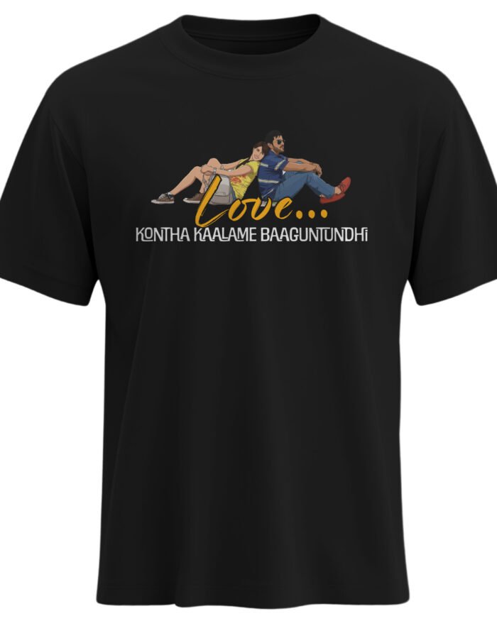 Black regular fit cotton t shirt with Love Kontha Kaalame Baaguntundhi Telugu dialogue typography. Orange Movie T-Shirt. Ram Charan T-Shirt.