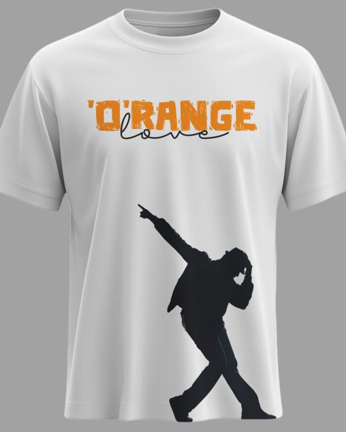 White regular fit cotton t shirt with Ram Charan silhouette and Orange Love text inspired by Orange movie