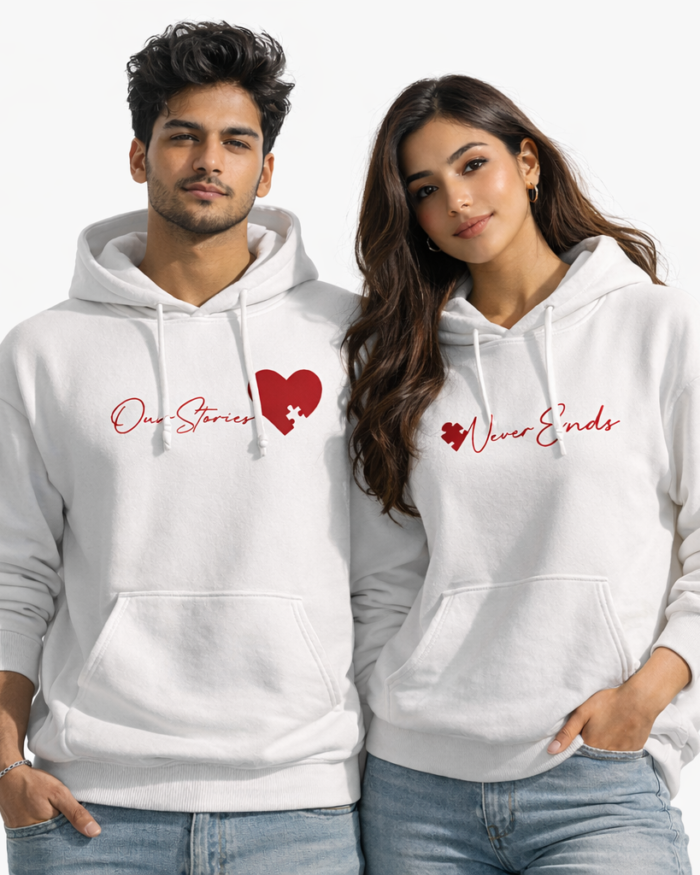 Our Stories Never Ends couple hoodies combined message. Valentine’s Day couple hoodie set by KLOCH