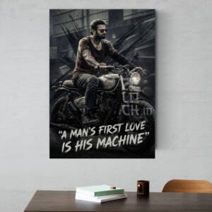 Prabhas poster featuring biker-themed fan art with quote A Man’s First Love Is His Machine printed on 300 GSM A3 art board