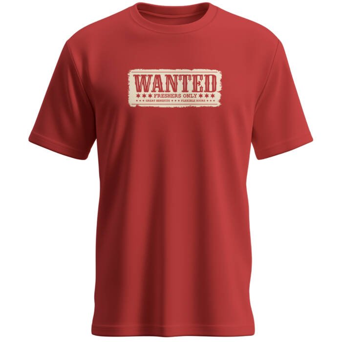 Red Wanted Freshers Only regular fit unisex cotton t shirt front view