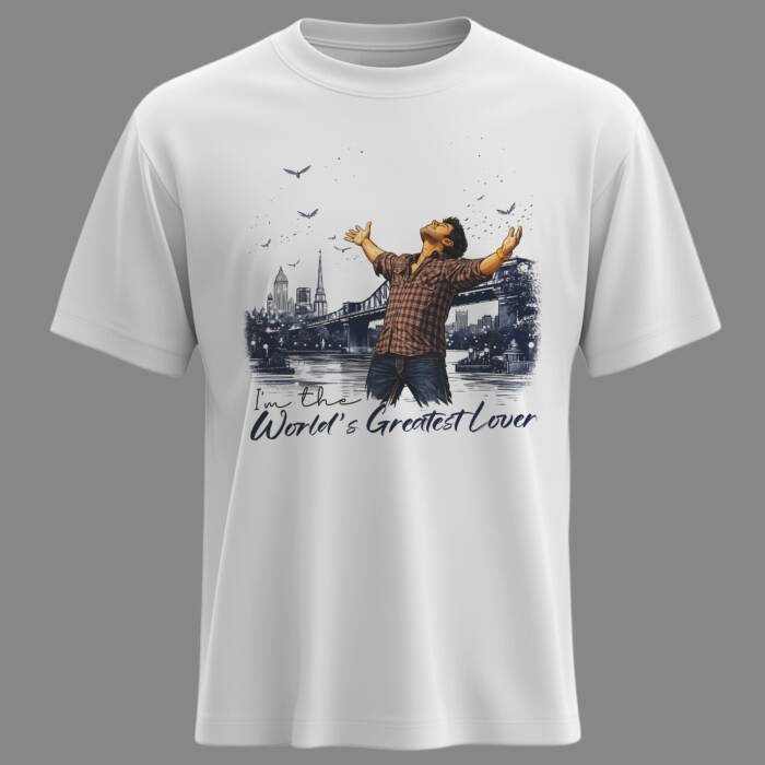 Red regular fit cotton t shirt with Worlds Greatest Lover dialogue graphic inspired by Orange movie love story. Ram Charan T-Shirt