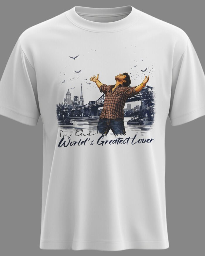 Red regular fit cotton t shirt with Worlds Greatest Lover dialogue graphic inspired by Orange movie love story. Ram Charan T-Shirt