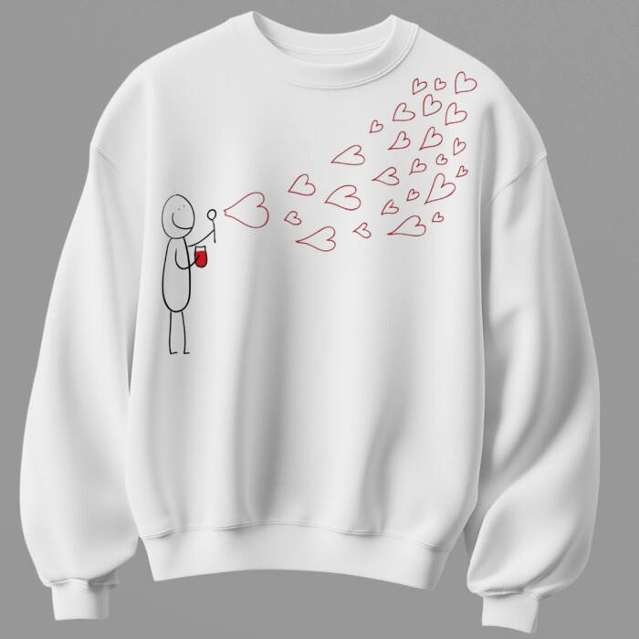 White unisex sweatshirt with hand drawn heart splash love graphic printed on 300 GSM cotton by Kloch