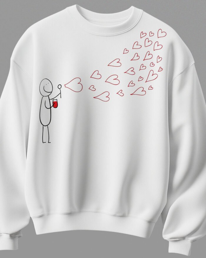 White unisex sweatshirt with hand drawn heart splash love graphic printed on 300 GSM cotton by Kloch