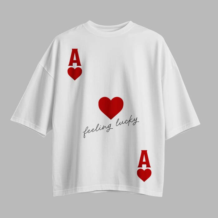 White unisex oversized t shirt with red ace heart and feeling lucky graphic design by Kloch. Valentine's Day T-Shirt.