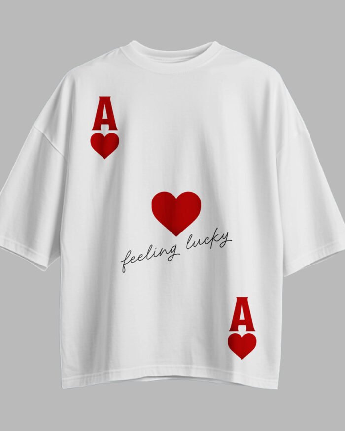 White unisex oversized t shirt with red ace heart and feeling lucky graphic design by Kloch. Valentine's Day T-Shirt.