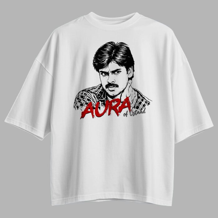 Aura of Ustaad White Oversized Cotton T Shirt 240 GSM Fanwear; Pawan Kalyan T-Shirt