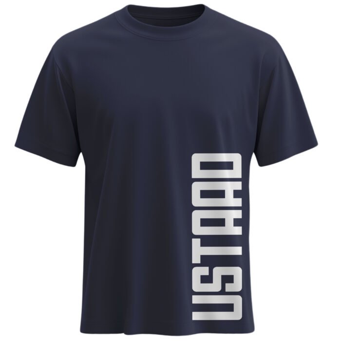 Ustaad Bhagat Singh Navy Blue Regular Fit Cotton T Shirt with Vertical Ustaad Print 180 GSM
