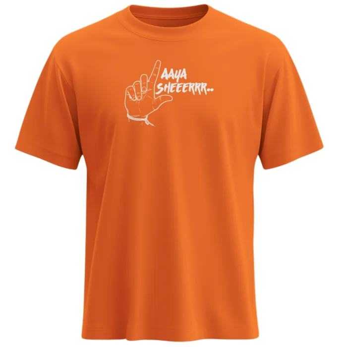 Aaya Sheeerrr Orange T-shirt Abhishek Sharma celebration hand gesture SRH fan merchandise premium cotton front view