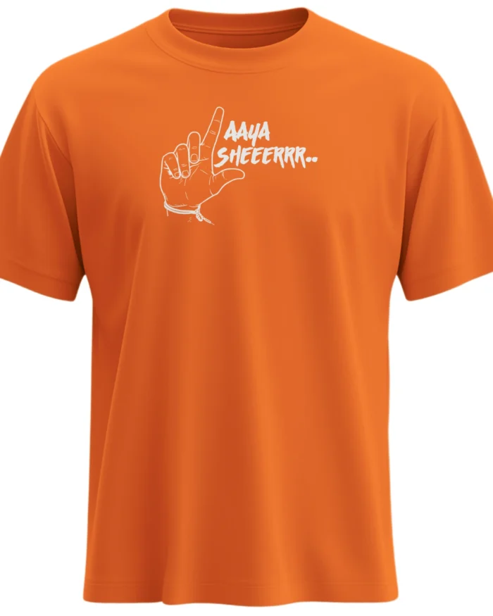 Aaya Sheeerrr Orange T-shirt Abhishek Sharma celebration hand gesture SRH fan merchandise premium cotton front view