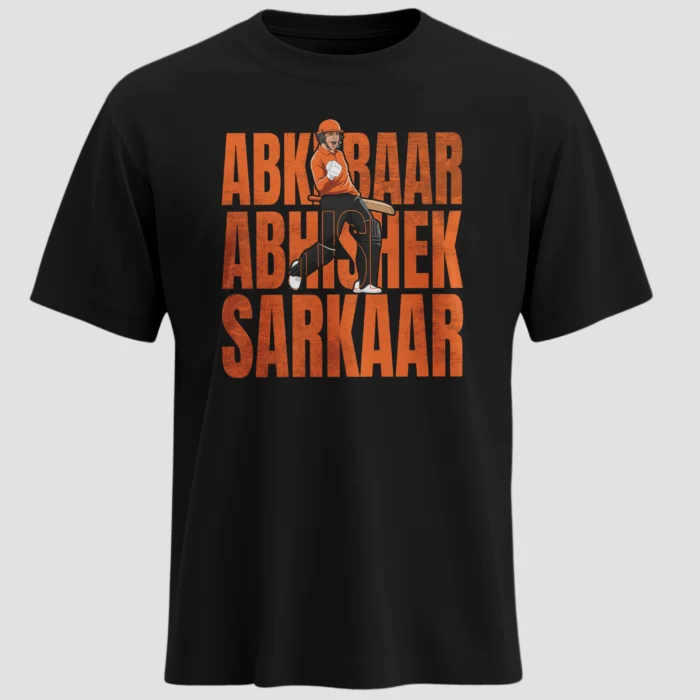 Abki Baar Abhishek Sarkaar black T-shirt Abhishek Sharma graphic SRH fan merchandise premium cotton front view