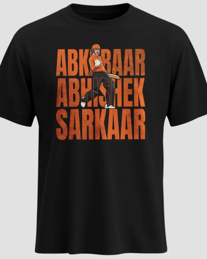 Abki Baar Abhishek Sarkaar black T-shirt Abhishek Sharma graphic SRH fan merchandise premium cotton front view