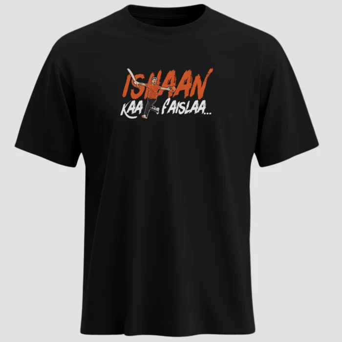 Ishaan Kaa Faislaa black T-shirt Ishan Kishan cricket graphic SRH fan merchandise premium cotton regular fit front view