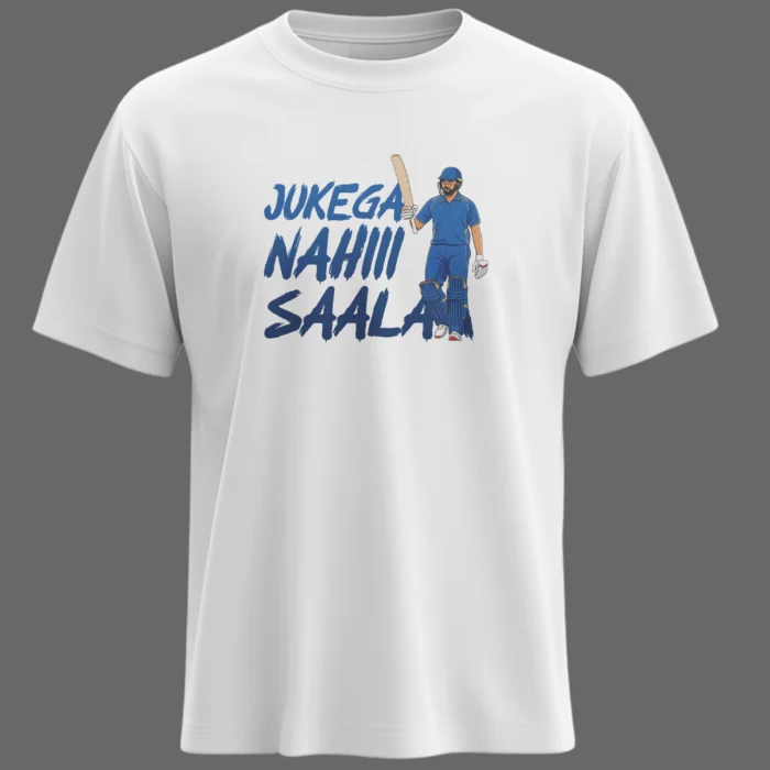 Jukega Nahi Saala white T-shirt Mumbai Indians fan merchandise blue cricket graphic premium cotton regular fit front view