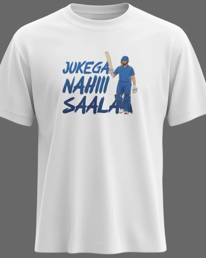 Jukega Nahi Saala white T-shirt Mumbai Indians fan merchandise blue cricket graphic premium cotton regular fit front view
